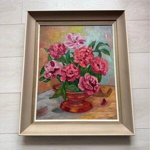 Vintage Original Framed Floral Painting Feminine Cottagecore Pink and Green